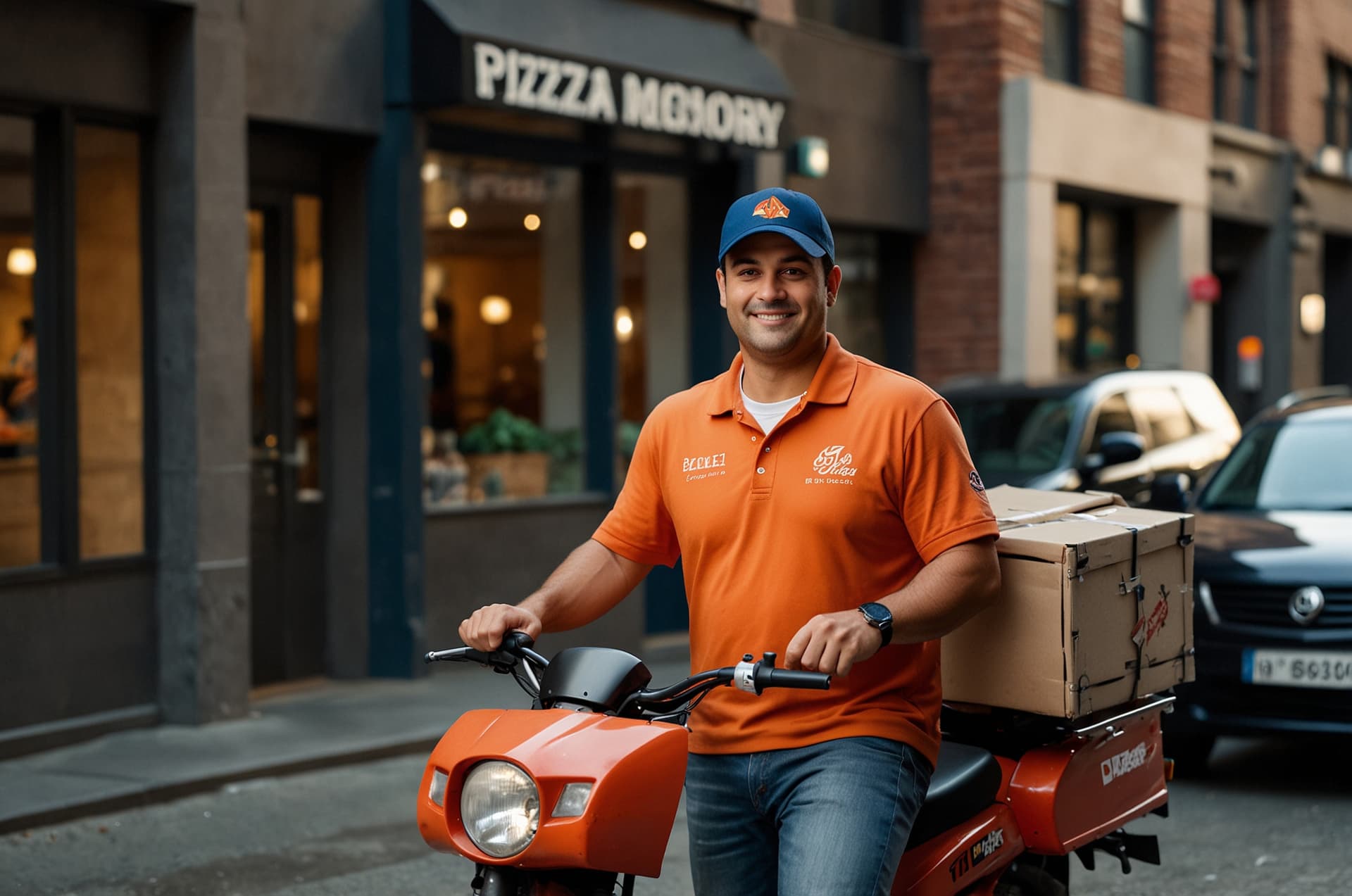 Motoboy com caixa de pizza na moto em frente ao restaurante
